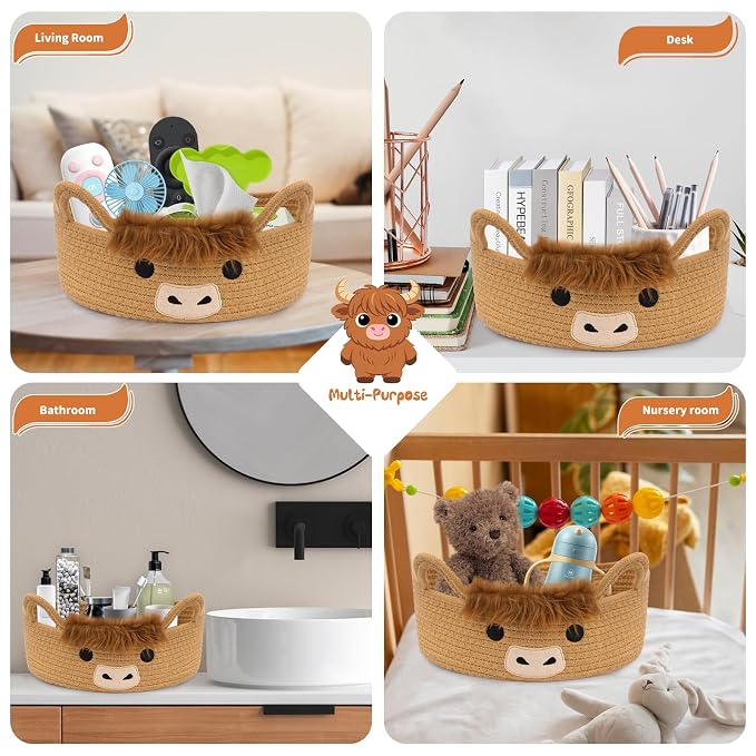Oval Highland Cute Cow Basket for Nursery, Small Woven Gift Basket | Rope Cotton Storage for Gifts Empty, Baby Shower Blanket 0rganizer with Handles,Towel Decorative Bins, 12"D x 5"H IN