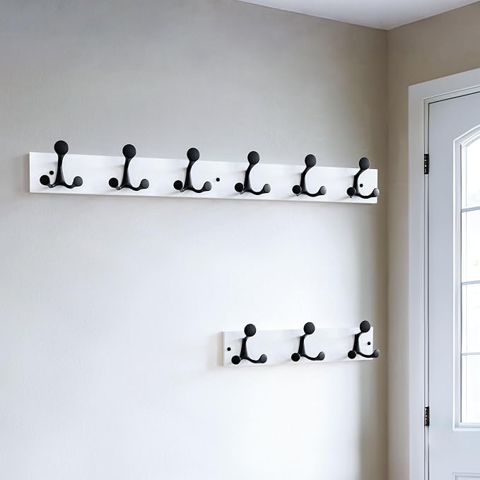 SKOLOO 36-Inch White Wood Coat Rack Wall Mount with 6 Triple Hooks - Ideal for Family Entrances, Classrooms, and Pet Supplies Storage - Perfect Coat Hooks for Wall, Pack of 2