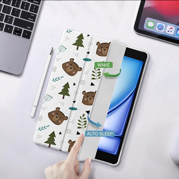 Cute Lovely Bear Case for 9.7" iPad Air/iPad Air 2, Clear TPU Smart Stand Back Cover with Pencil Holder, Auto Wake/Sleep Foldable Four-Corner Shockproof Protective Case