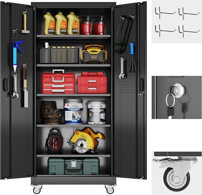Reemoon Metal Garage Storage Cabinet with Wheels and Pegboard, 71" H, Black | 5 adjustable 170 lb shelves, lockable doors, door pegboard and 4 removable casters for garage, workshop and utility storage.