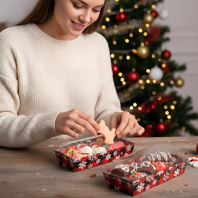 Bokon 100 Pack Christmas Charcuterie Boxes with Clear Lids, Red and Black Snowflake Cookie Boxes with Window, Disposable Food Containers Candy Treat Gift Tins for Sandwich, Cookie, Cake Slice