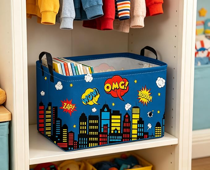 Sanjiaofeng Rectangular Blue City Hero Skyline Basket,Baby Storage Bins with Handles,Comics Hero Kid Basket,Building Silhouettes Storage Bin,Room Decor(Building)