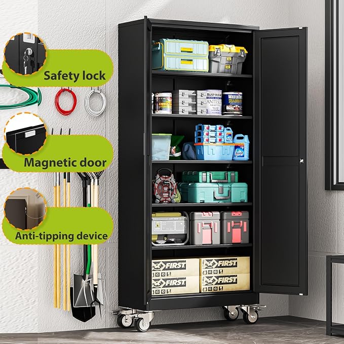75-Inch Metal Garage Storage Cabinet with Wheels, Locking Doors and Shelves | 5 Adjustable Shelves, Locking Doors, Magnetic Closure, 360° Casters, Anti-Tip Kit, Cold-Rolled Steel