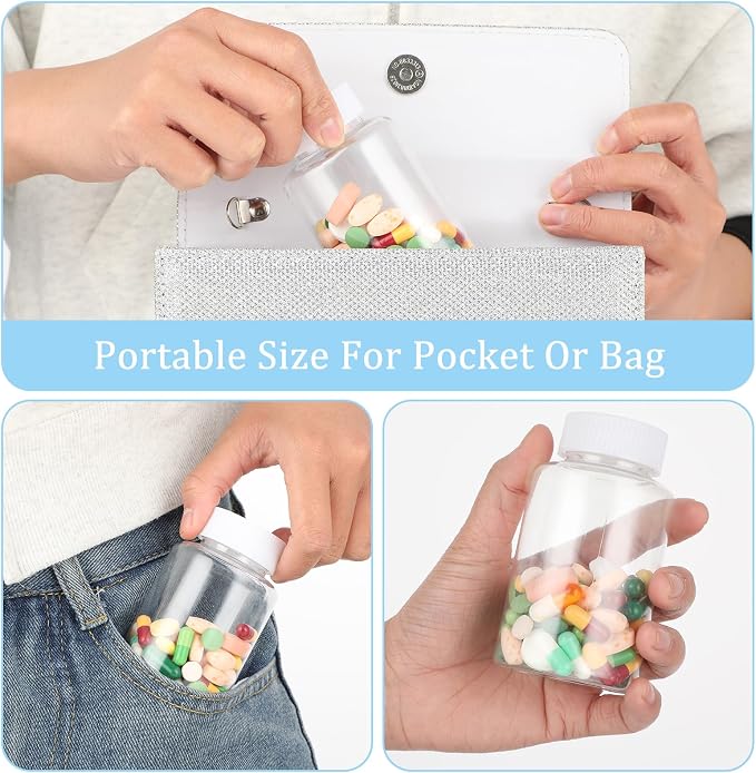 Sibba Clear Pill Bottle 6 Pcs Empty Medicine Organizers 30ML Jar Powder Box Storage Transparent Reagent Containers Plastic Dispenser Leak Proof Caps Receptacle for Toiletries Counter Labels