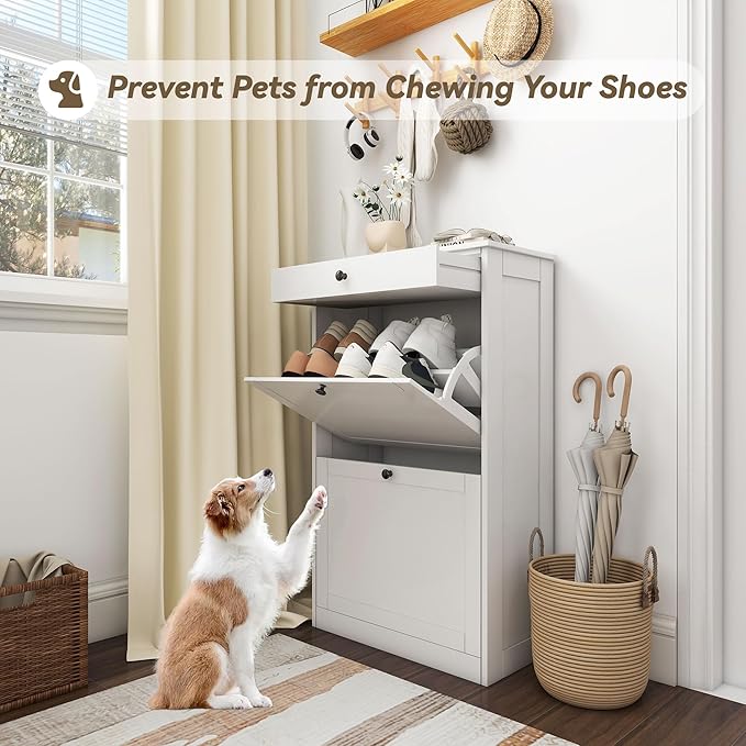 FTZxHKLX Shoe Cabinet with 2 Flip Drawers, Slim Shoe Storage Cabinet, White | Freestanding Hidden Shoe Organizer with Drawer, Pet-Proof Shoe Storage Organizer for Entryway Living Room Behind The Door