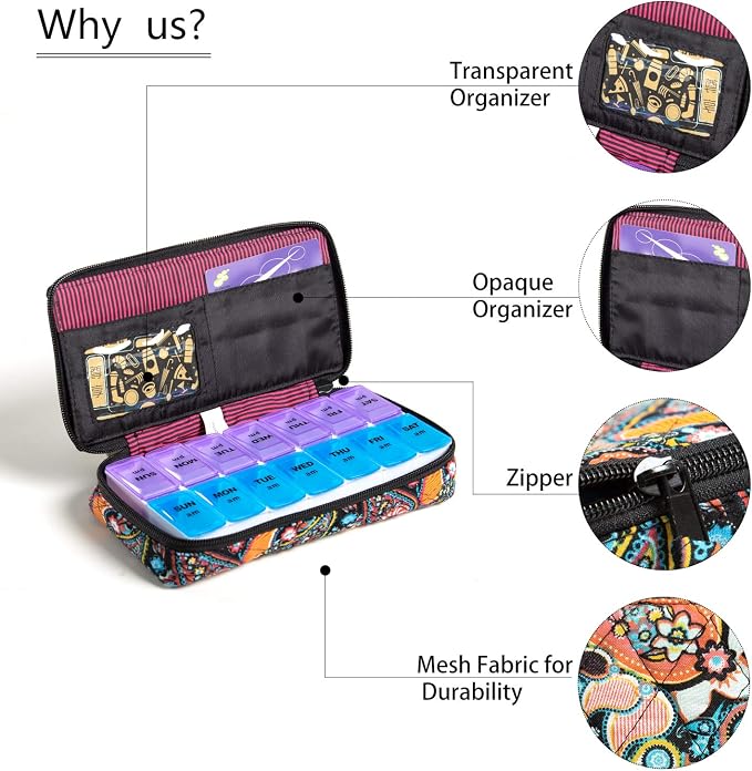 Weekly Pill Organizer 2 Times a Day, Zumd Pill Box 7 Day with Cute Quilted Fabric Zipper Case, Travel Pill Case Am Pm for Vitamin Medicine Organizer