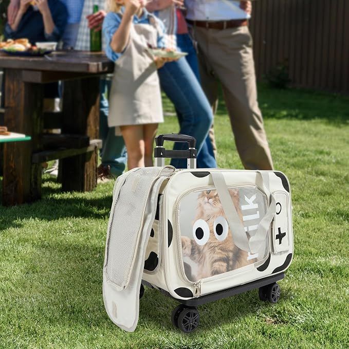 Pet Trolley Bag with Wheels & Retractable Handle, Cow Print Pet Carrier for Cats Small Dogs, Foldable Travel Carrier with Ventilation Windows, 22 Lb Capacity, Airline Approved Pet Bag