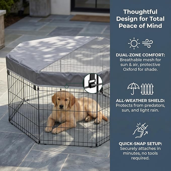 PJYuCien Octagonal Playpen Top Cover for 24" Side Metal Pet Pen, Gray | Cozy Den for Puppy Small Animals, Half Mesh Half Oxford with Silver Coating, Predator & Weather Protection, Snap Hooks