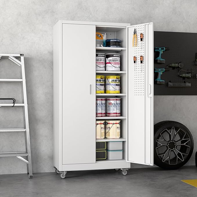 Reemoon White Metal Storage Cabinet with Wheels, Lock and Pegboard | 71 x 32 x 16 in steel cabinet with 5 adjustable shelves, locking doors, casters and door pegboard; assembly required.