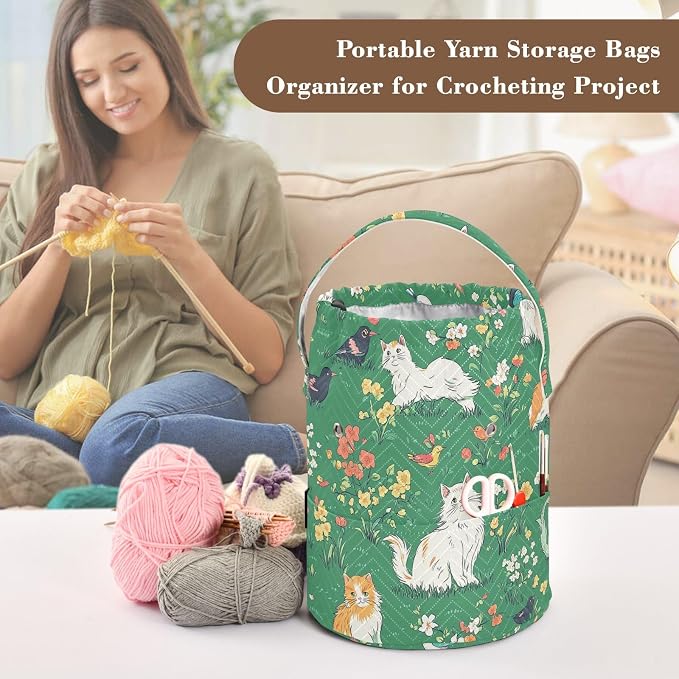 Tatenale Crochet Bag Yarn Bag Knitting Project Bag with Pockets and Handle Portable Yarn Storage Organizer Tangle Free 8.3x11 InchGreen Persian Cat and Hummingbird in Spring39