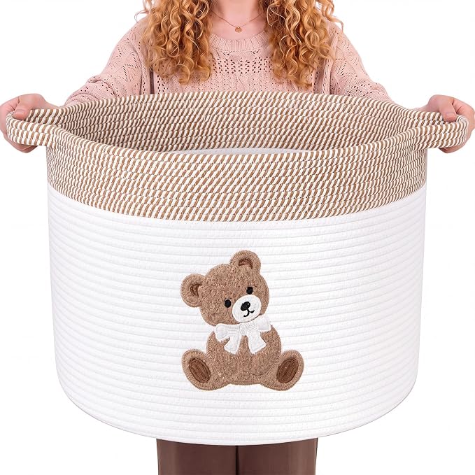 LemonRoad Extra Large Basket 20"x14", Woven Basket for Laundry Blanket Toy Box with Handle Storage, Blanket Storage for Living Room Nursery Pillows Chest(Cotton Rope,Bear,Brown White)