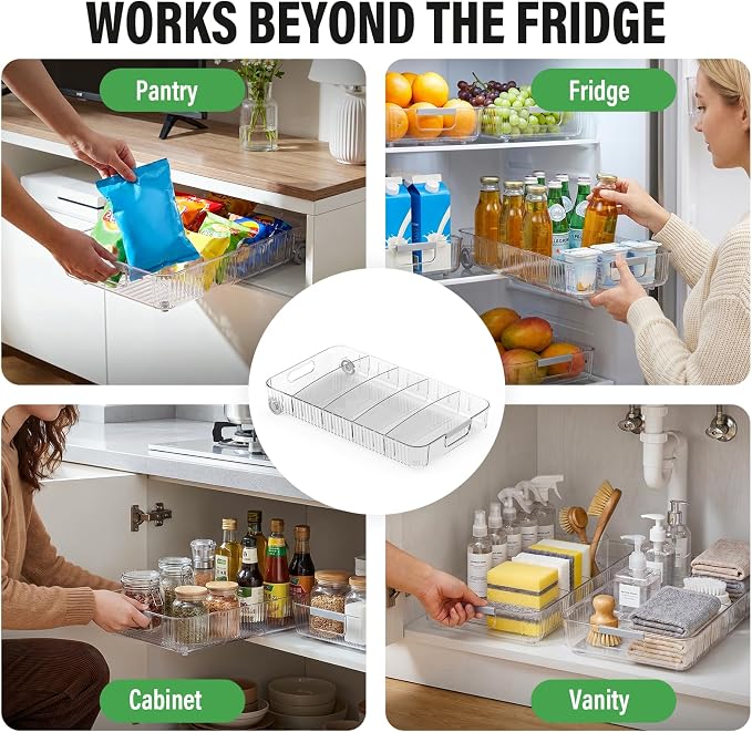 Pull Out Fridge Organizer Bins with Wheels, 8 Dividers, 2-Pack | Clear PET storage bins with handles, rear wheels and adjustable dividers for refrigerator, pantry and cabinet shelves