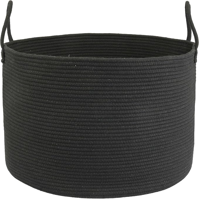 XUANGUO 66L Large Blanket Basket, Round Cotton Rope Basket, Black | 20" x 13" Laundry Basket with Sturdy Handles for Blankets, Pillows and Toys; Storage for Living Room, Bedroom and Nursery