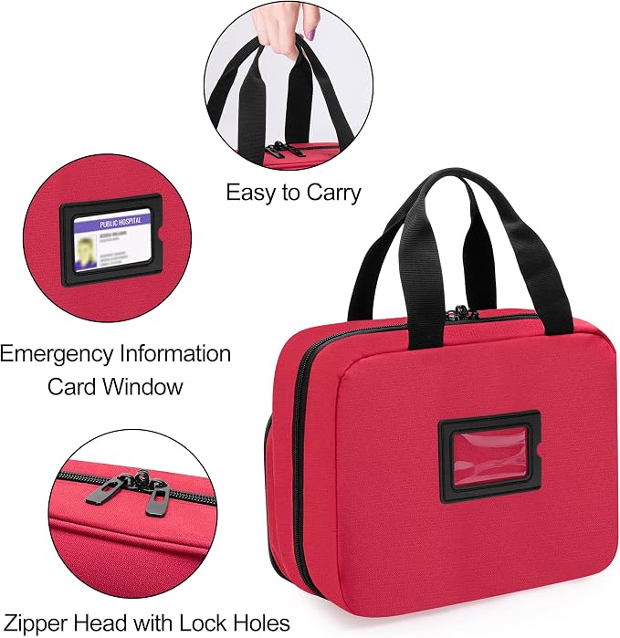 CURMIO Pill Bottle Organizer, Lockable Medicine Bottle Storage Bag, Red | Emergency Medical Supplies for Home Care, for First Aid Kits, Multifunctional Bag, Home Storage, Dormitory, Travel, Empty Bag