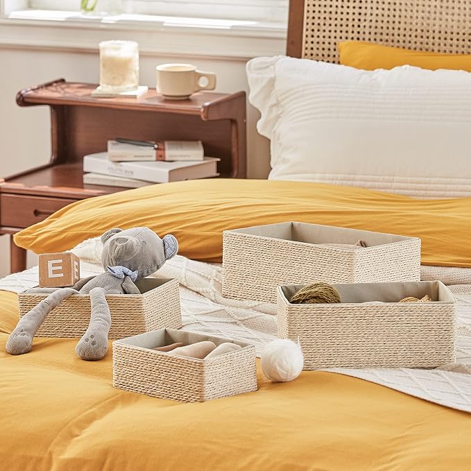 LA JOLIE MUSE Bathroom Basket Organizers, Paper Rope Storage, Beige 4 Pack