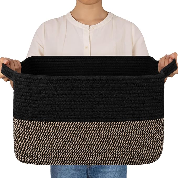 OIAHOMY Woven Storage Basket for Shelves, Rectangle Cotton Rope Baskets for Organizing, 16 x 12 x 10 in, Storage Bins for Dog Toys,Towel,Books,Gift,Black and Brown