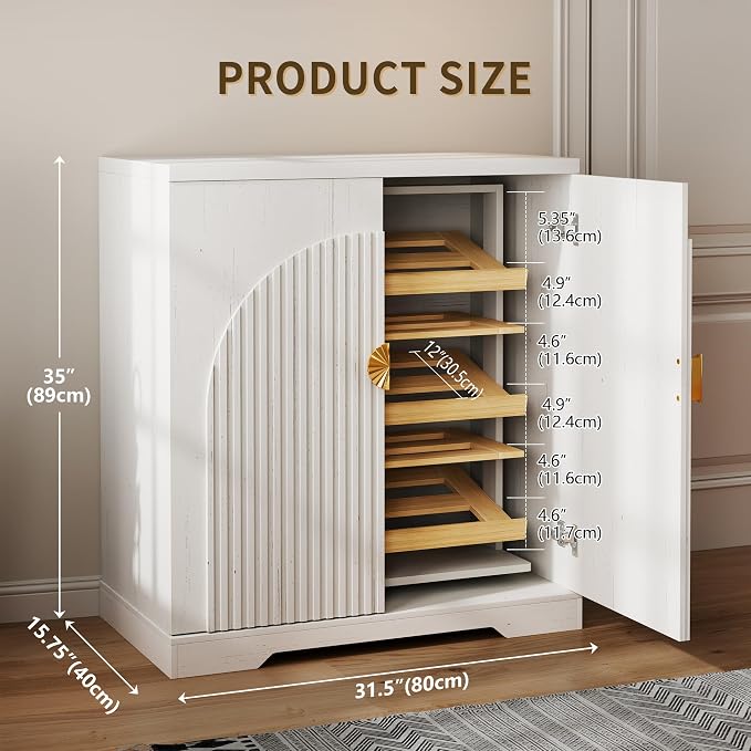 Vlsrka Rotating Shoe Storage Cabinet with Doors and 6 Tier Shelves, White | Suitable for 18 Pairs Shoe Organizer, Freestanding, Pull Out Shoe Rack, Wooden Entryway Cabinet for Hallway, Closet, Indoor