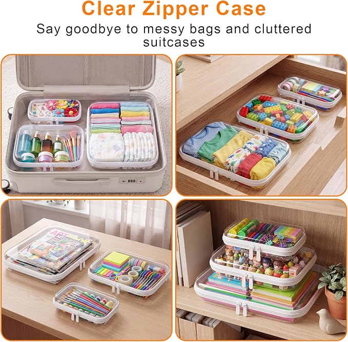 3PCS Clear Hard Shell Zipper Case,Waterproof Travel Cosmetic Toy Organizers | Crush-Proof Clear Zipper Pouches,Multi-Size Storage Box,Stackable Portable Makeup Toiletry Bags PET Hard Pouch