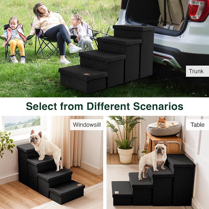 Love's cabin Dog Stairs for High Bed, Foldable Pet Stairs for Small Medium or Large Dogs Puppy with Storage for Bed or Couch, Cat Dog Steps Ramp with Zip up to 200 lbs, Black, 4 Steps