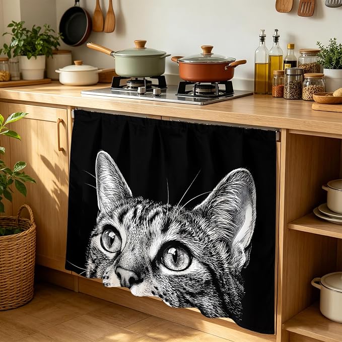 Cute Cat Cabinet Curtain 35"Wx35"L, Dustproof Under Sink Skirt with Self Adhesive Tape, Vintage Funny Pet Cat Portrait Black Cabinet Curtain Cover for Kitchen Sink, Bathroom Vanity, Laundry Room