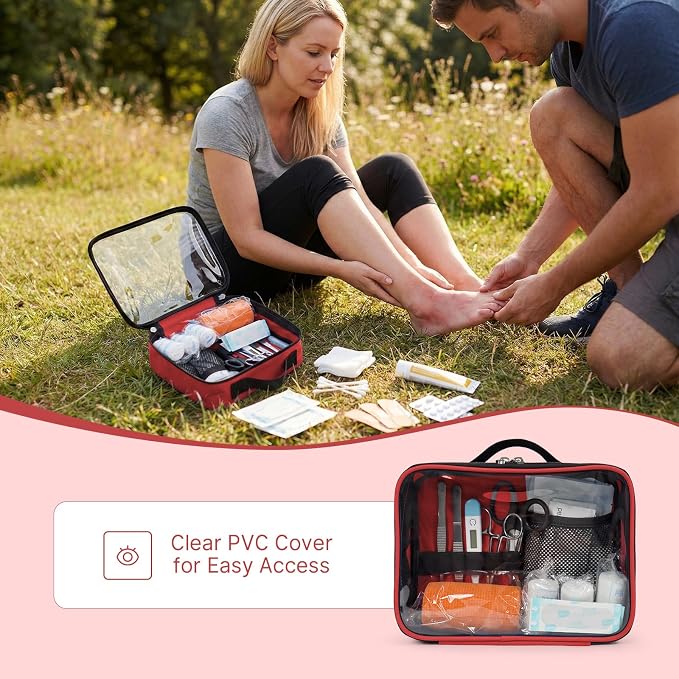 Empty First Aid Bag Clear PVC Waterproof Organizer Pouch Zipper Colored First Aid Kit for EMT Outdoor Travel (Red)