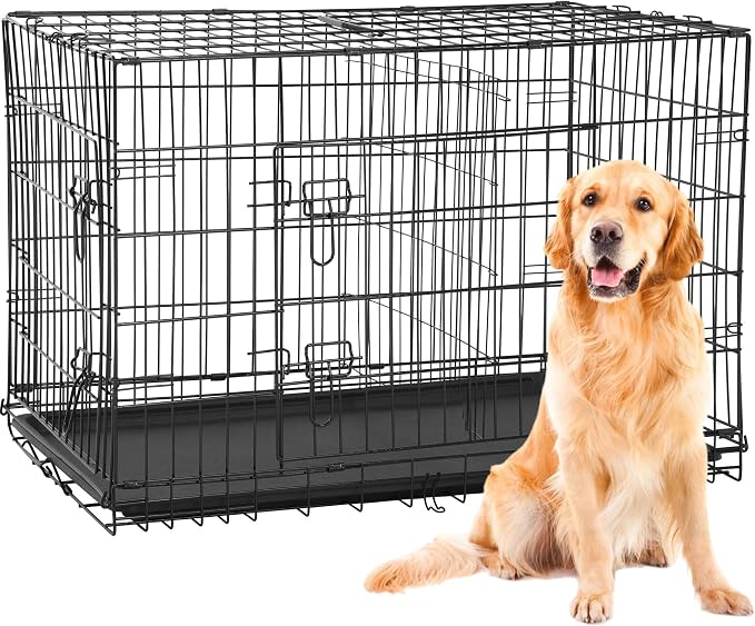 BestPet | 42" Dog Crate | Black | Foldable Metal Kennel with Single Doors, Secure Slide-Bolt Latches, Leakproof Tray | Portable Dog Cage for Large Breeds | for Travel, Indoor & Outdoor Use