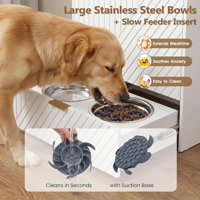 Dog Feeding Station Cabinet, Elevated Bowls with Slow Feeder Insert, White | Slow Feeder Insert, Large food bin, Removable Divider, 3 Side Hooks, Pull-Out Drawer, Easy to Clean for Small & Middle Dogs