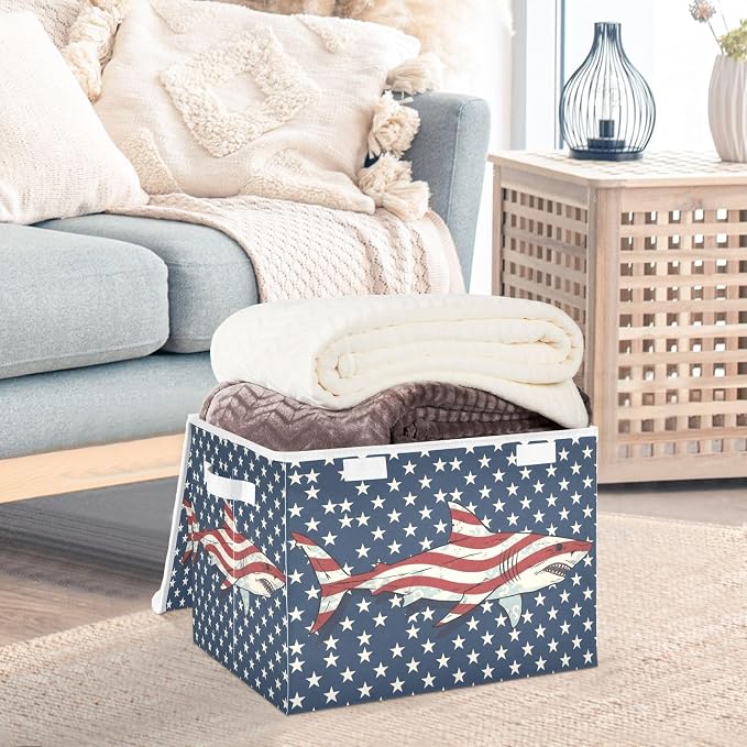 Fabric Storage Bins with Lid Patriotic Flag Shark Closet Storage Basket 40L | Decorative Storage Boxes, Foldable & Stackable, Dust-Proof Flip Top, Reinforced Handles, For Home & Dorm, Clothes & Toy Box