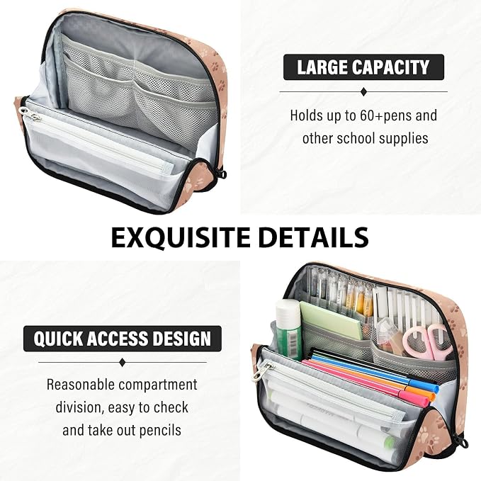 Aslsiy Large Capacity Pencil Case Rose Gold Pet Paws (2) Pencil Pouch for Boys Girls Portable Pen Bag Organizer Standing Makeup Bag for School Office Supplies