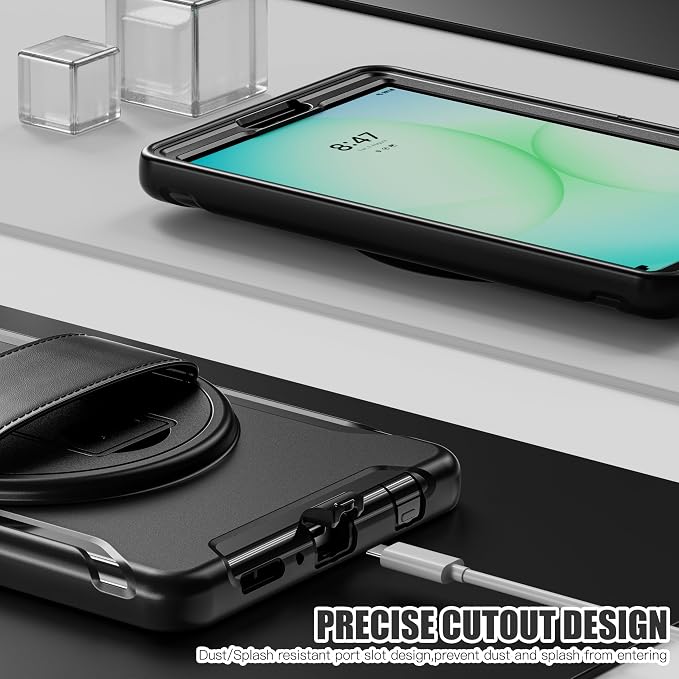 for Samsung Galaxy Tab A11 (2025) 8.7 inch Case 5G with Screen Protector, Hand Strap, Pen Holder & 360° Rotating Stand,Shockproof Protective Cover for SM-X130/X133/X135 (Black)