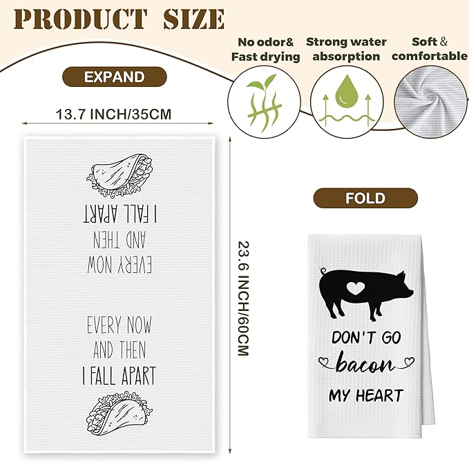Kitchen Towels Set of 2, Tacos and Pig Dish Towel for Kitchen, Decorative Hand Towels for Bathroom, Fast Drying Tea Towel with Funny Sayings, Housewarming Xmas Gifts for Women Mom -B13