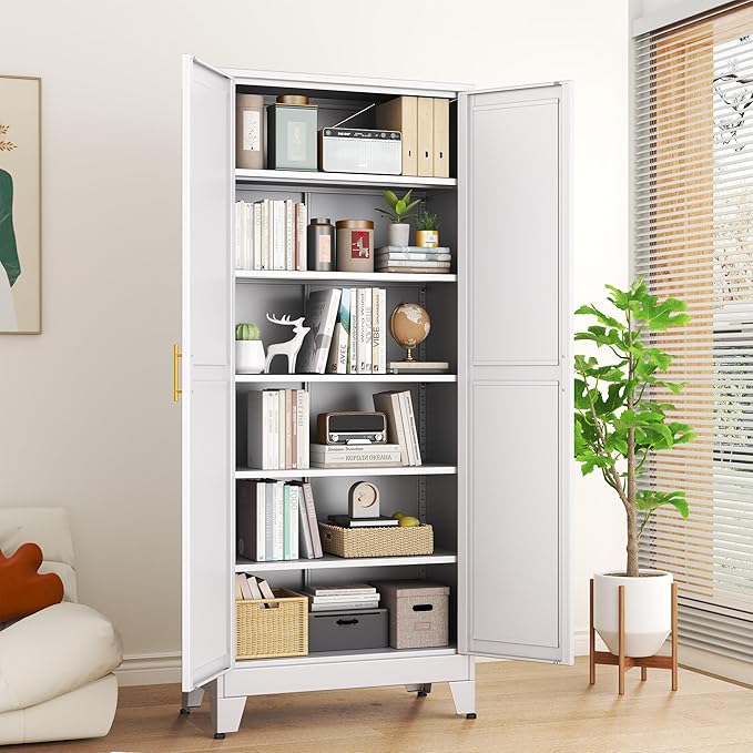 White Metal Storage Cabinet,75" Steel Cabinets for Home Office | Kitchen Pantry Storage Cabinet with Doors and 5 Adjustable Shelves, Tool Cabinets, for Office, Home, Garage, School
