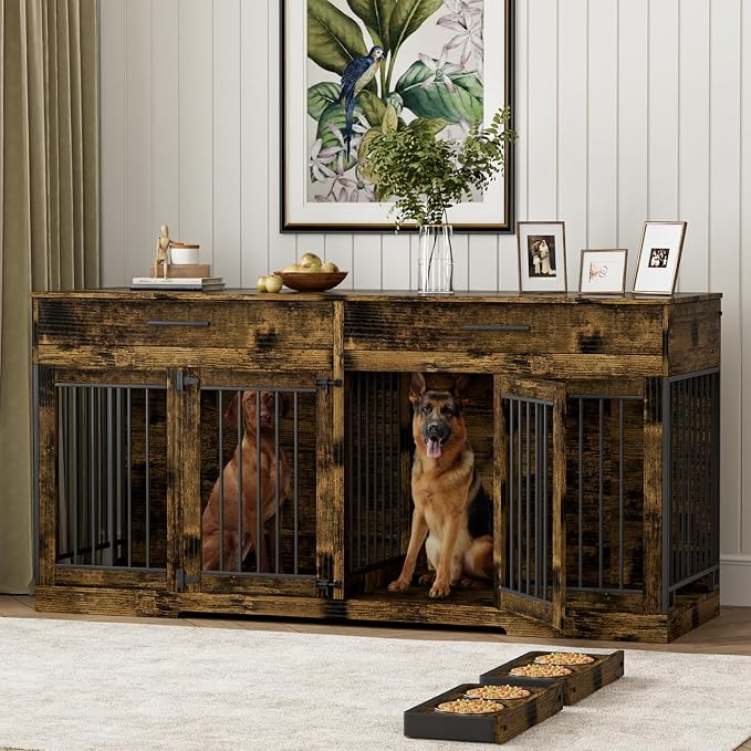 Rophefx 72" Double Dog Crate Furniture with Drawers and Divider, Brown | Wooden dog kennel for 2 medium dogs with 2 drawers, removable divider, 4 bowls and TV stand top