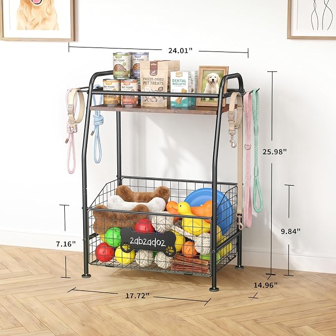 Large Dog Toy Basket, Metal Toy Bin for Dogs with Wood Countertop, Pet Toy Storage Basket with Collar Leash Holder Hook, Toy Holder for Dog Stuff Accessories, Toy Box for Living Room Area