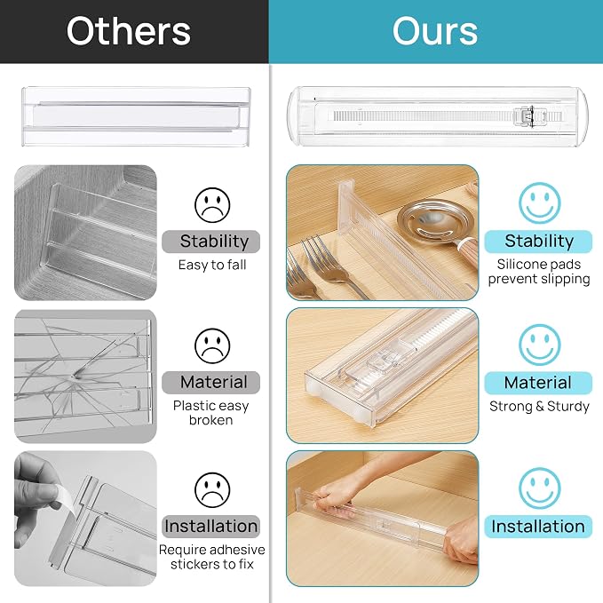 Vtopmart 8 Pack Shallow Drawer Dividers, 2.36" High 12.5"-20.8" Adjustable Expandable Kitchen Drawer Organizer, Clear Plastic Organizer Separators for Flatware, Utensil, Cutlery, Underwear, Clothes | Expandable Kitchen Drawer Organizer, Clear Plastic O...