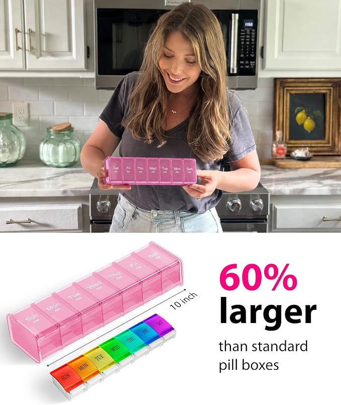 Extra Large Pill Organizer - XXL Vitamin Holder for Weekly Supplements - Double Sided Pill Box 7 Day with Big AM PM Compartments Huge Daily Medicine Dispenser 2 Times a Day Reliable and Easy-to-Use