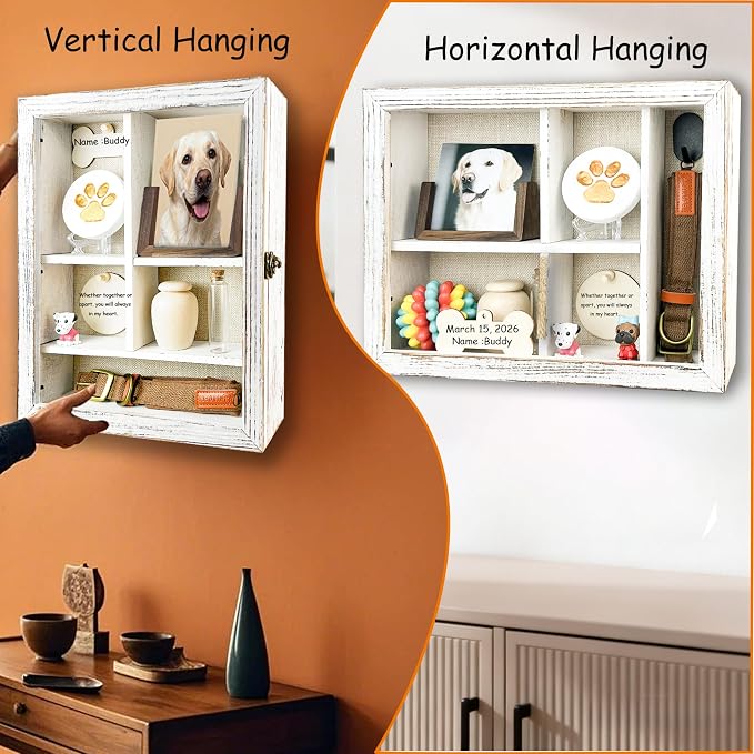 Solid Wood 11x14 Pet Memorial Shadow Box Frame with Adjustable Shelves Paw Print Kit Pet Urn Ashes Display Case White Dog Memorial Gifts for Loss of Dog