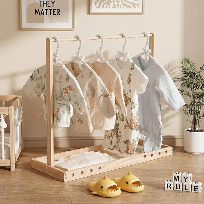 1 Set Wooden Small Clothes Rack, Pets Clothes Rack with Hanging Rod Solid Pets Wardrobe Coat Racks Dogs Cats Dolls Clothes Display for Playroom Bedroom, 23.62x10.24x21.85Inch