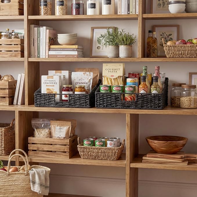 StorageWorks Pantry Baskets, Black Wicker Baskets with Handles, 2-Pack | Paper Rope Black Baskets for Organizing, Black Woven Baskets, Pantry Baskets for Shelves, Wicker Storage Baskets for Shelves