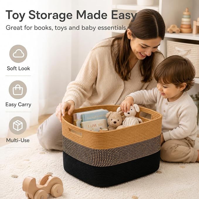 12.8GAL Kids Stuffed Animal Toy Storage Organizer, Cute Mini Nursery Laundry Basket for Baby Girls Boys Dirty Clothes, Picture Books, Small Cotton Rope Wicker Hamper for Bathroom Towels Khaki Black
