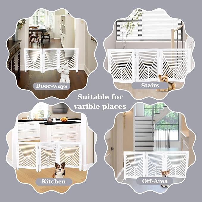 Lightnpro 3‑Panel Wooden Dog Gate – Antique White Foldable Freestanding Pet Barrier, Extra‑Wide Indoor Safety Fence for Small Dogs & Puppies – 24x54 Inch Decorative Finish