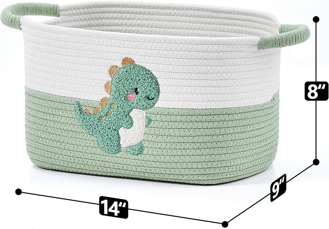 Storage Basket, Woven Baskets for Shelves, Green Dinosaur | 3 Pack Boho Cotton Rope Storage Baskets, 14" x 9" x 8", Home Organizer for Nursery, Holds Toys, Books & Towels