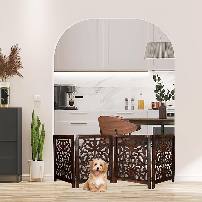 Lightnpro 4-Panel Wooden Dog Gate – 72 Inch Extra-Wide Foldable Freestanding Pet Barrier, Rustic Burnt Finish Indoor Safety Fence for Small Dogs & Puppies – 24x18 Inch Panels