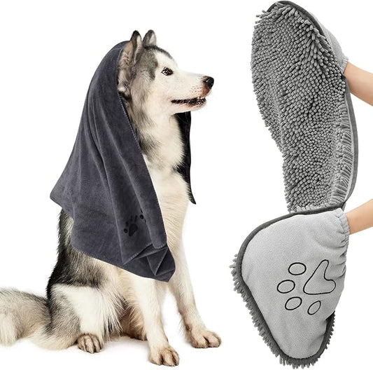 HOMEIDEAS 2 Pack Dog Towels Set, Chenille and Microfiber, Super Absorbent Soft Bath Shammy Towel with Hand Pockets for Pets Drying
