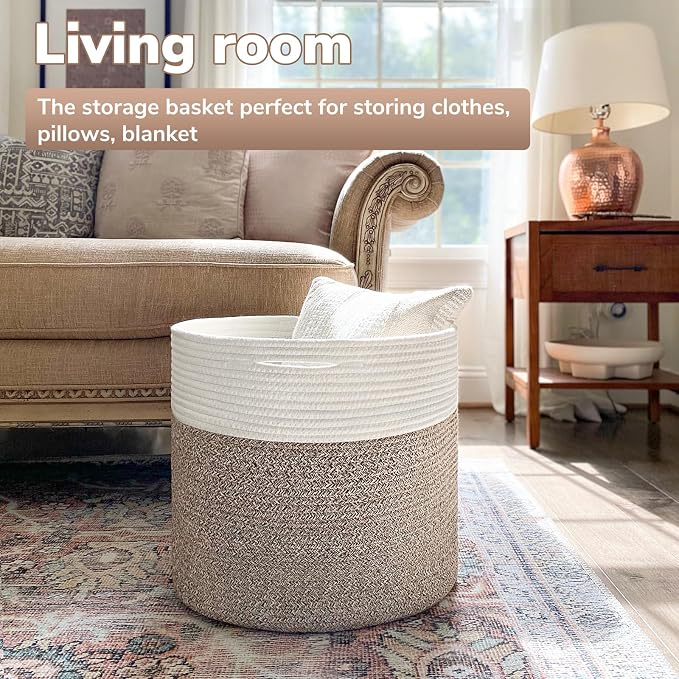 Goodpick Woven Rope Basket for Blankets Fit Nursery & Living Room, 45L | 15.8 x 15.8 x 13.8 In Storage Basket for Toys Shoes, Cute Baby Laundry Hamper for Towels, Clothes, Mele