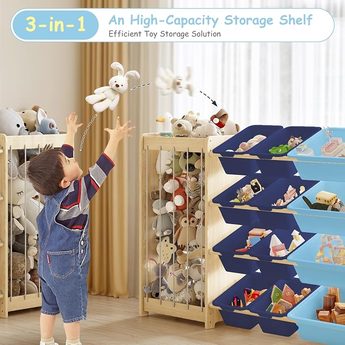 EXPERLAM Large Toy Storage Organizer, Wooden Stuffed Animal Storage & 12-Bins Toy Organizer, Double-Sided Plush Toy Holder Featuring Thicker Ropes, Space Save Bedroom Nursery Playroom Storage, Blue
