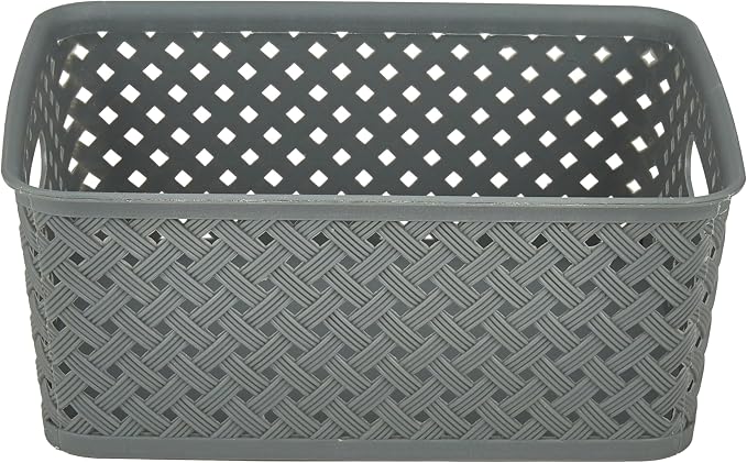 Simplify Small Resin Wicker Tote | Storage Bin | Plastic Organizer | Carrying Handles | Bathroom | Pantry | Accessories | Cleaning Products | Grey