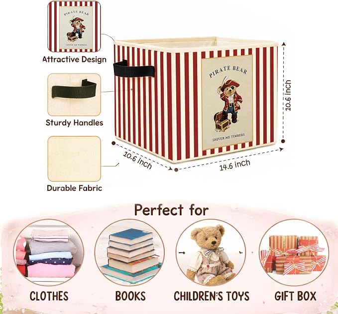 Pirate Bear Storage Bin, Red Stripe Adventure Foldable Fabric Basket | Foldable pirate bear fabric organizer for nursery, bedroom, playroom, toys, books, and clothes
