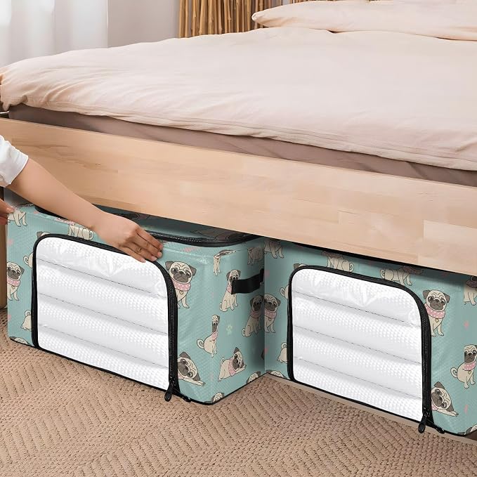 Cute Pets Pug Teal print Under Bed Storage Containers with Double Zipper Openings, Foldable Clothes Storage Bins with Clear Window and Handles for Comforters Bedding Blankets