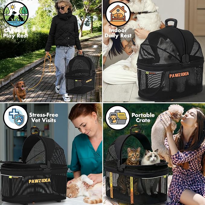 PAWZIDEA Double Pet Stroller with 2 Detachable Carrier for Multiple Pets | Portable Travel Crate & Car Seat Combo & TSA-Approved Expandable Carrier, Foldable Jogger Stroller for 2–4 Cats or Small Dogs